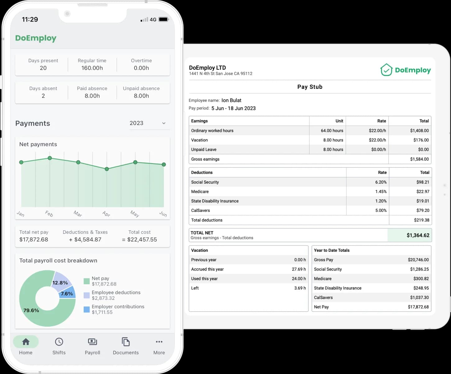 DoEmploy Payroll dashboard and a generated pay stub